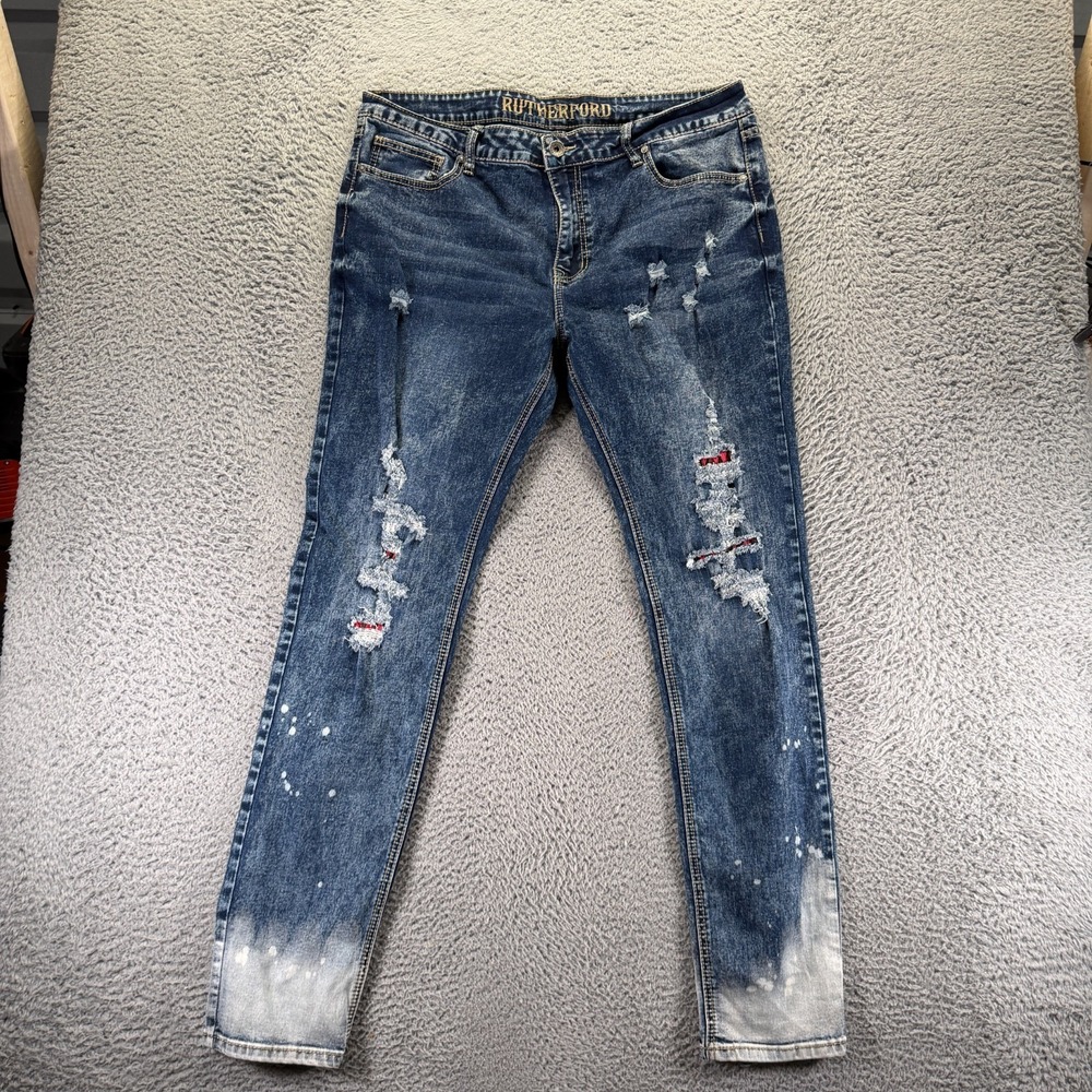 Rutherford Jeans Men's 36x34 Blue Cotton Denim Skinny Distressed Faded Stretch